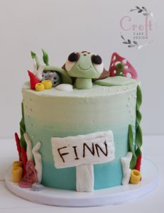 Boys birthday cake under the sea theme with fondant turtle and coral reef