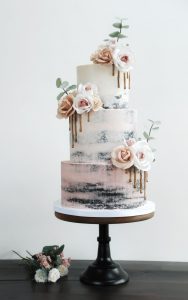 Semi naked wedding cake 3 tier pink ombré and wafer paper flowers