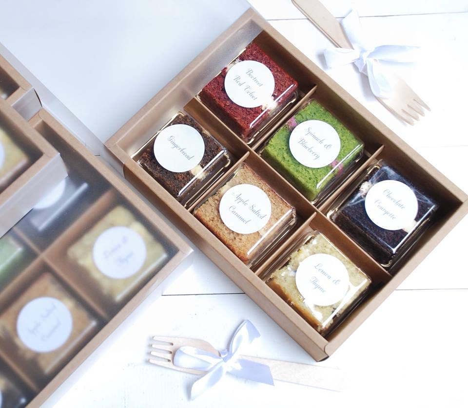 Wedding cake sample box. 6 flavours of delicious sponge cake samples packaged beautifully and sent out by post.