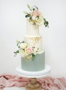 Sage green and gold wedding cake